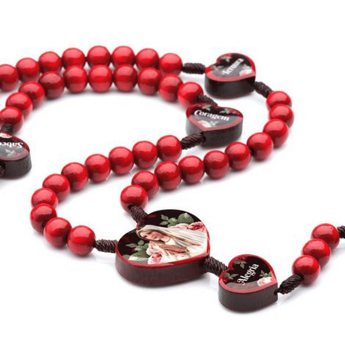 Terço de Madeira com Entremeio de N Sra de Fátima e Palavras nos Mistérios