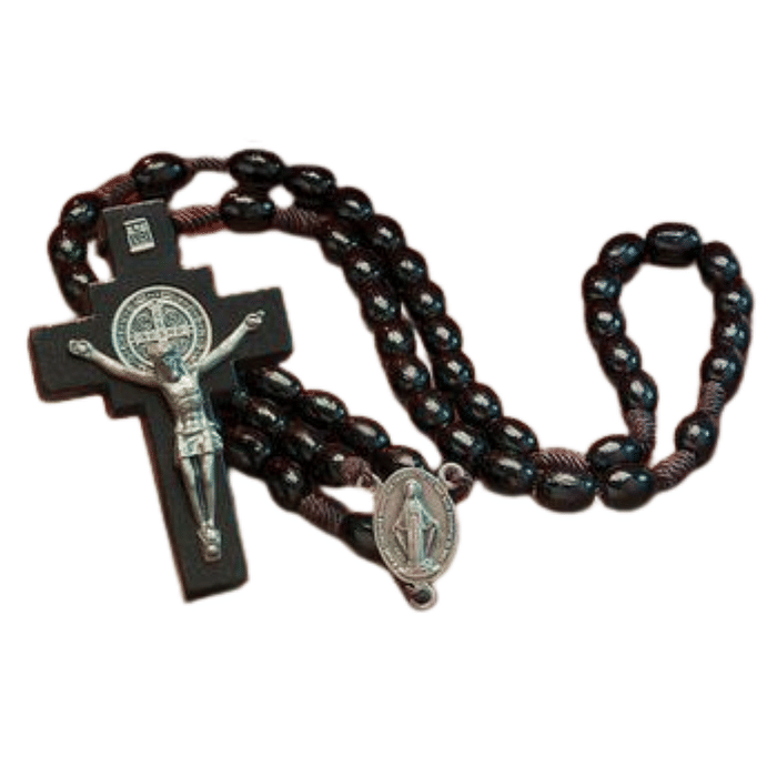 Terço de Madeira com Entremeio de N Sra das Graças e o Sagrado C de Jesus e Medalha de São Bento no Crucifixo