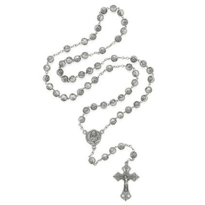 Terço de Inox Cinza com Entremeio de Santa Teresinha e Contas em Formato de Rosas