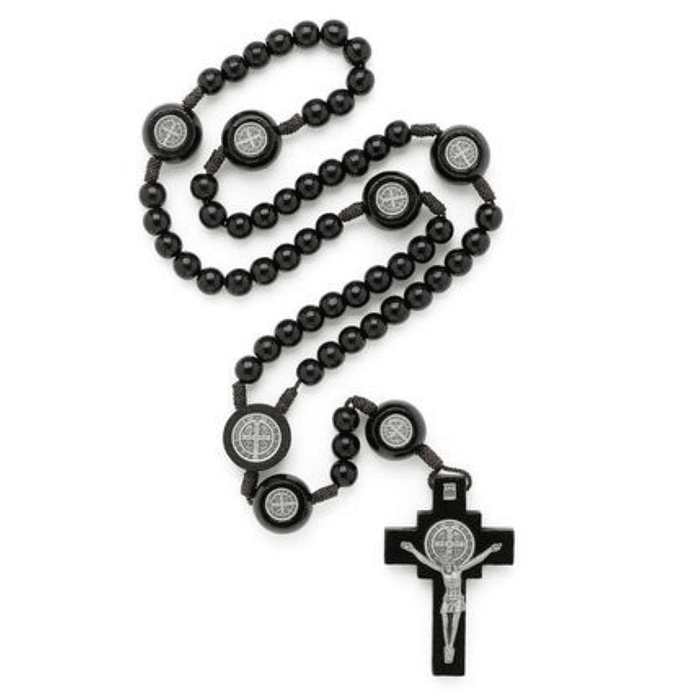 Terço de Madeira com Entremeio de São Bento e Imagens da Medalha nos Mistérios