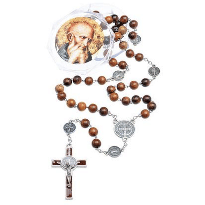 Terço de Inox e de Madeira com Entremeio de São Bento e Imagens da Medalha nos Mistérios