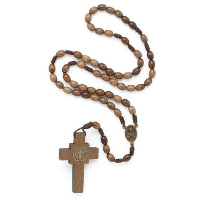 Terço de Madeira com Entremeio de N Sra das Graças e o Sagrado C de Jesus e Medalha de São Bento no Crucifixo