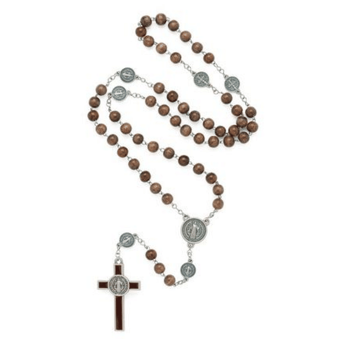 Terço de Inox e de Madeira com Entremeio de São Bento e Imagens da Medalha nos Mistérios