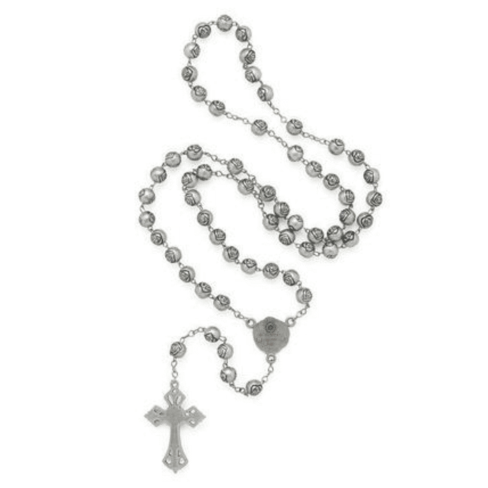 Terço de Inox Cinza com Entremeio de Santa Teresinha e Contas em Formato de Rosas