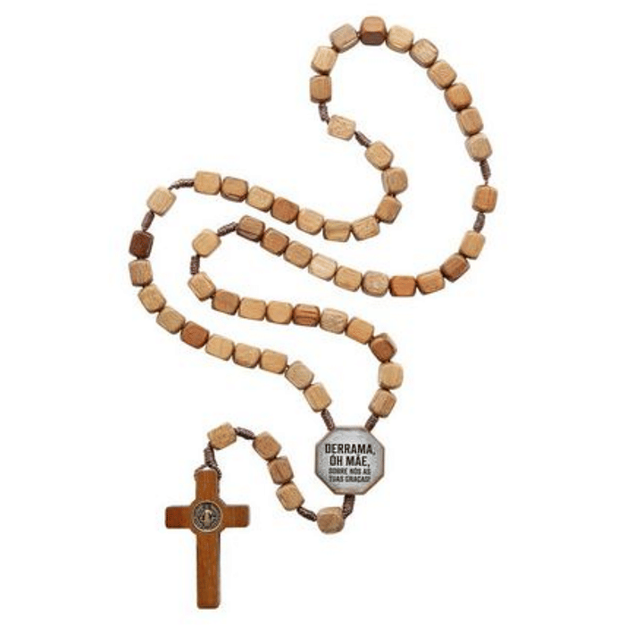 Terço de Madeira com Entremeio de N Sra das Graças e Mensagem Devocional