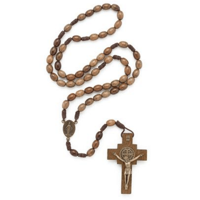 Terço de Madeira com Entremeio de N Sra das Graças e o Sagrado C de Jesus e Medalha de São Bento no Crucifixo