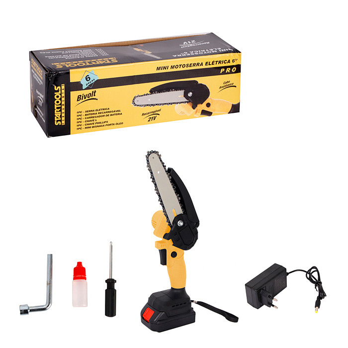 Mini Motosserra Elétrica 6" Bateria 21V Portátil Poda Galhos Jardim