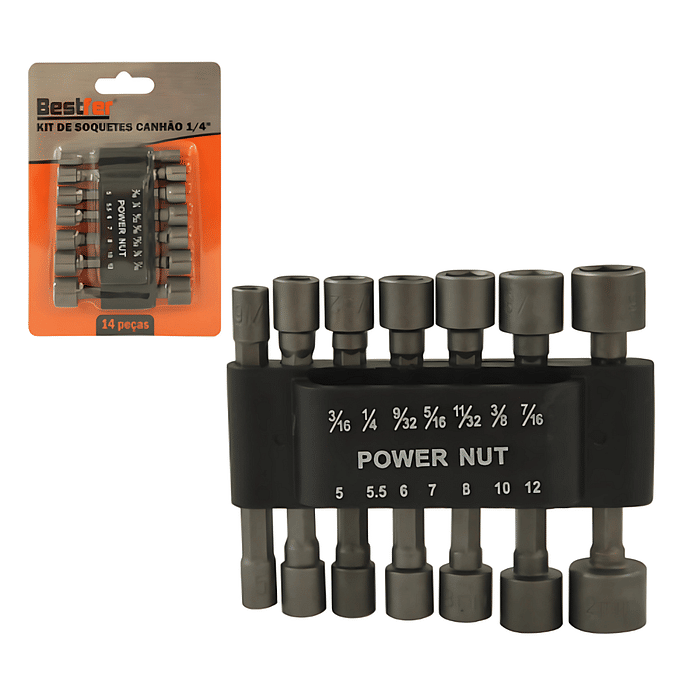 Bits Soquete Canhão Sextavado Profissional haste 1/4" em Kit