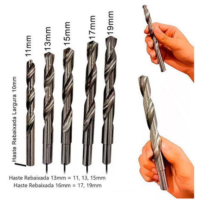 Kit 5 Broca Aço Rápido 11+ 13+ 15+ 17+ 19mm Haste Rebaixada HSS Din338