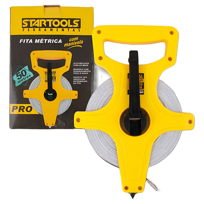 Trena Longa Fita Métrica Fibra de Vidro com Manivela 30m/50m Alta Precisão Topografo