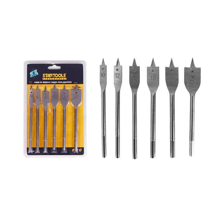 Jogo 6 Brocas Chatas para Madeira Aço C45 Tamanhos Variados Alta Durabilidade