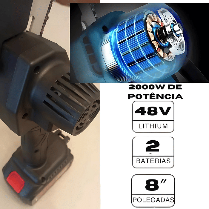 Motosserra Elétrica Portátil Sem Fio 8" + 2 Baterias 48V