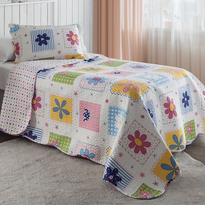 Kit Colcha Boutis Solteiro Flores