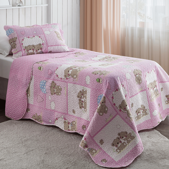 Kit Colcha Boutis Solteiro Ursinho