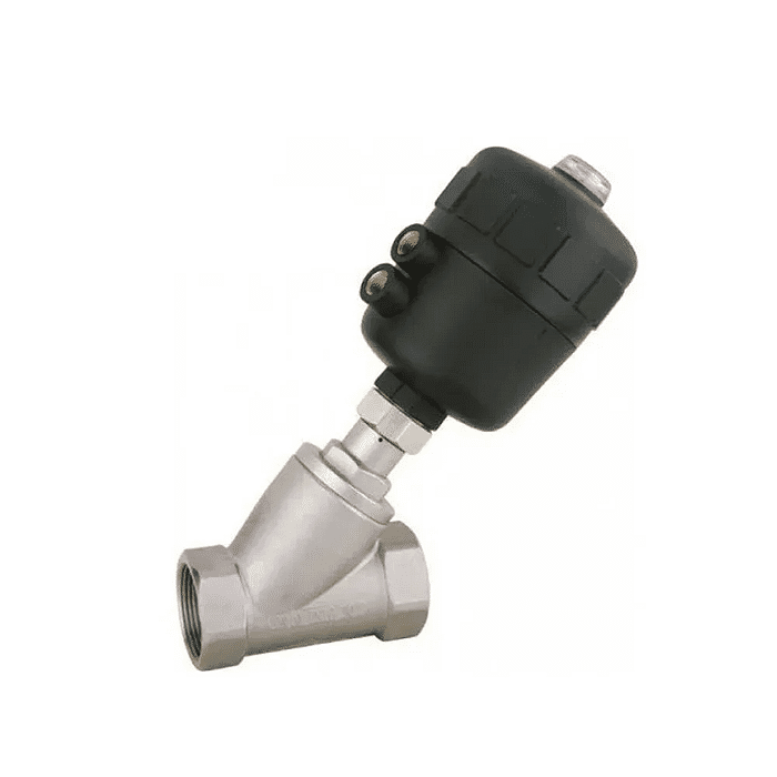 VALVULA GLOBO ANGULAR CORPO INOX 316 AT. PNEUM. SIMPLES ACAO NF BSP