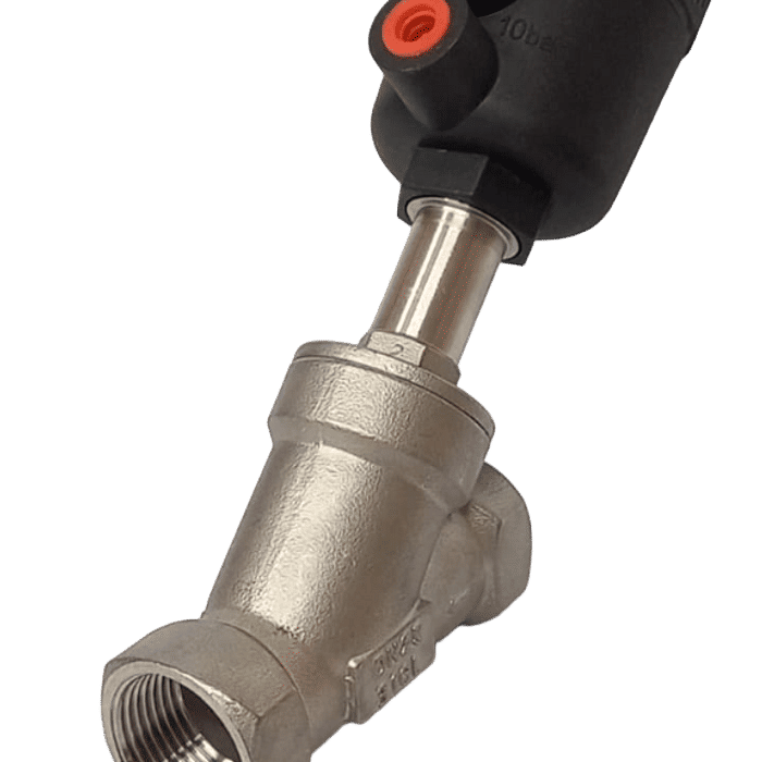 VALVULA GLOBO ANGULAR CORPO INOX 316 AT. PNEUM. SIMPLES ACAO NF BSP