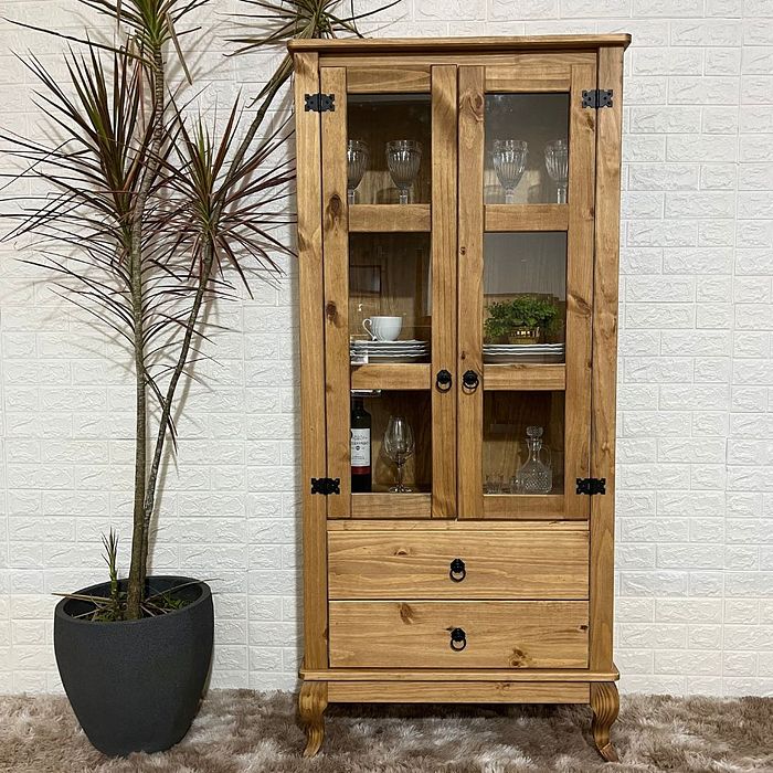 Cristaleira 2 Portas 2 Gavetas Vidros Nas Laterais