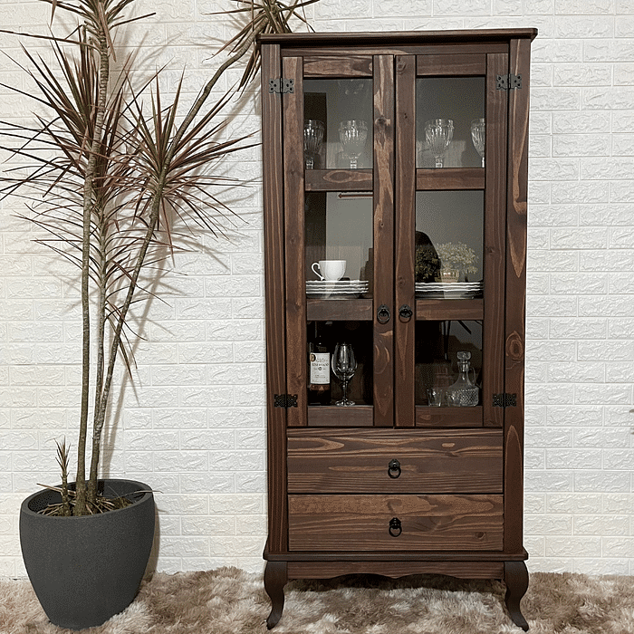 Cristaleira 2 Portas 2 Gavetas Vidros Nas Laterais