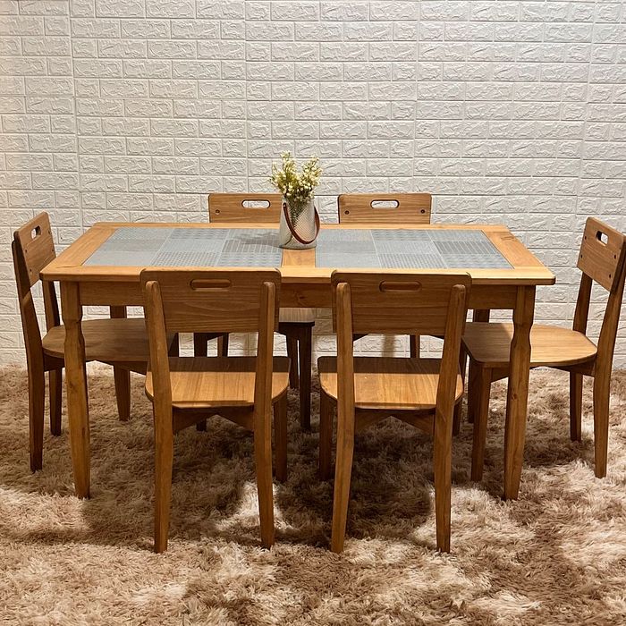 Conjunto Fixo Mesa com Azulejo 150x80 e 6 Cadeiras Madeira Maciça Rustica - Tozeto