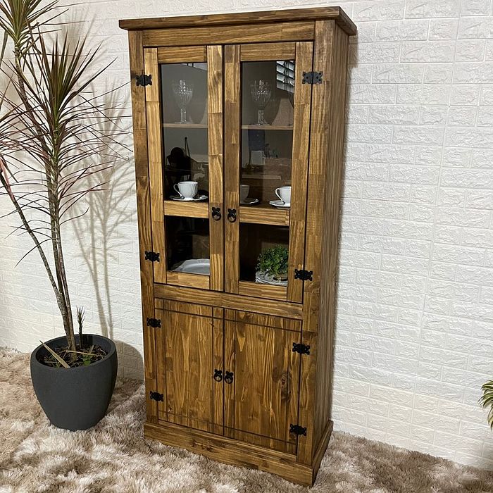 Cristaleira Rústica de Madeira Duas Portas com Vidro - STEAM