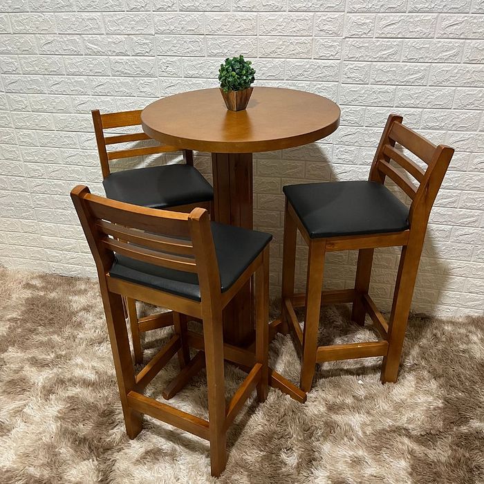 Conjunto Bistrô Fixo Mesa 3 Banquetas Estofadas de Madeira