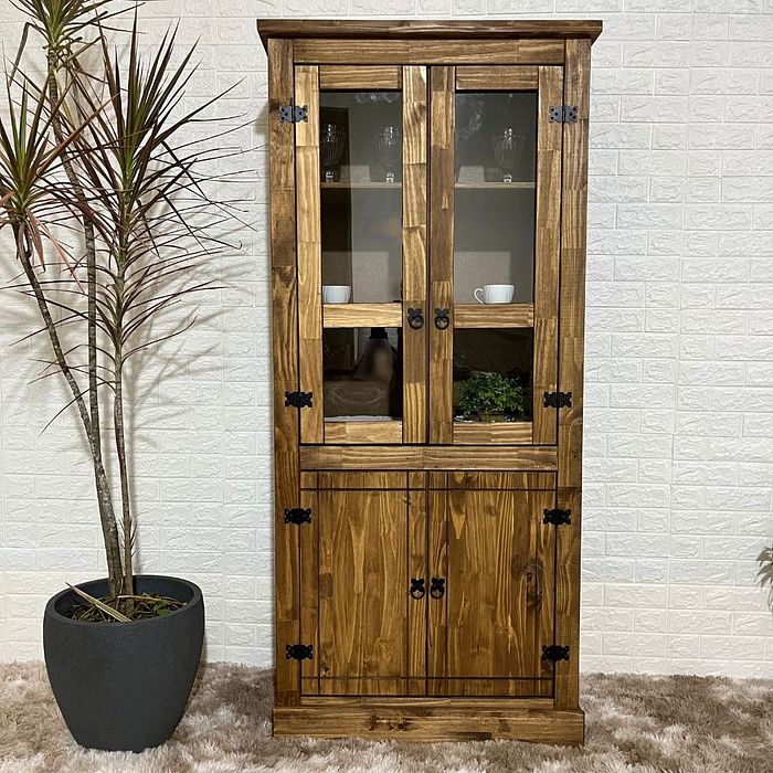 Cristaleira Rústica de Madeira Duas Portas com Vidro - STEAM
