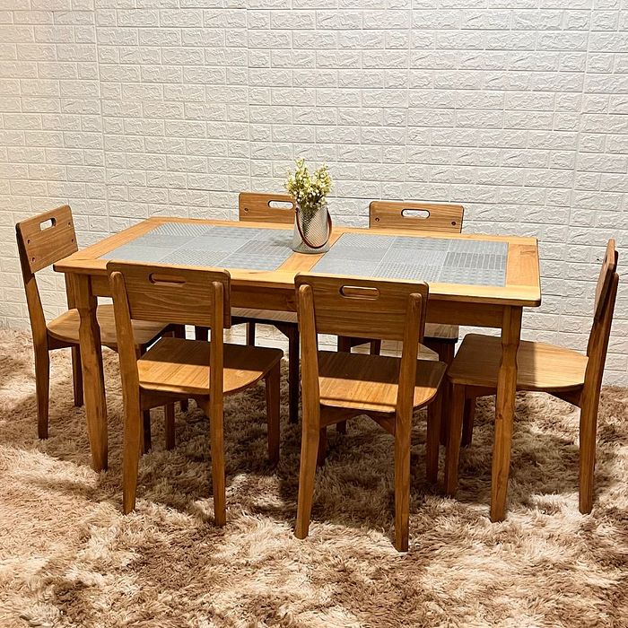 Conjunto Fixo Mesa com Azulejo 150x80 e 6 Cadeiras Madeira Maciça Rustica - Tozeto