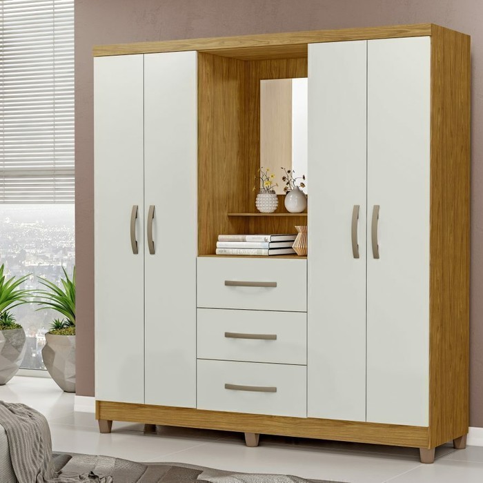 Guarda-Roupa Solteiro 4 Portas Capelinha com Espelho Ilhéus MX Móveis Marrocos com Off White