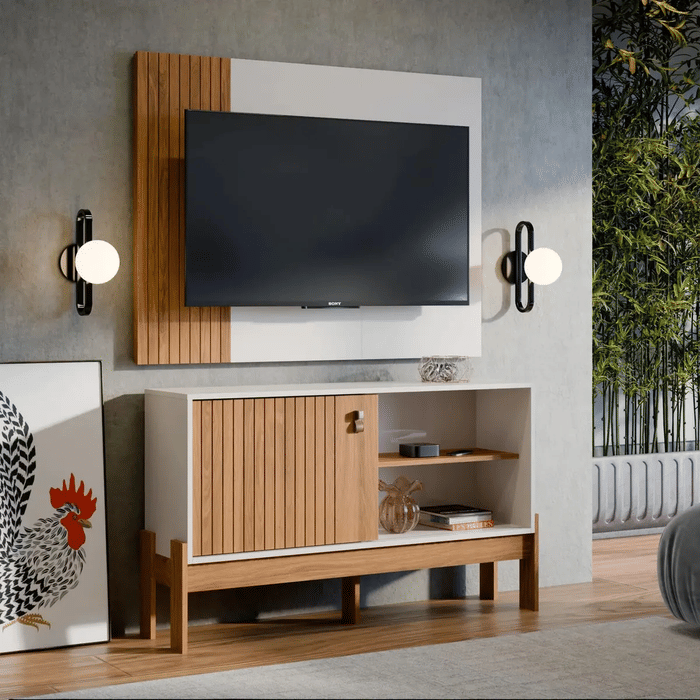 Combo Rack Painel Wood 1.2 Mobler Cinamomo Mel/Off White