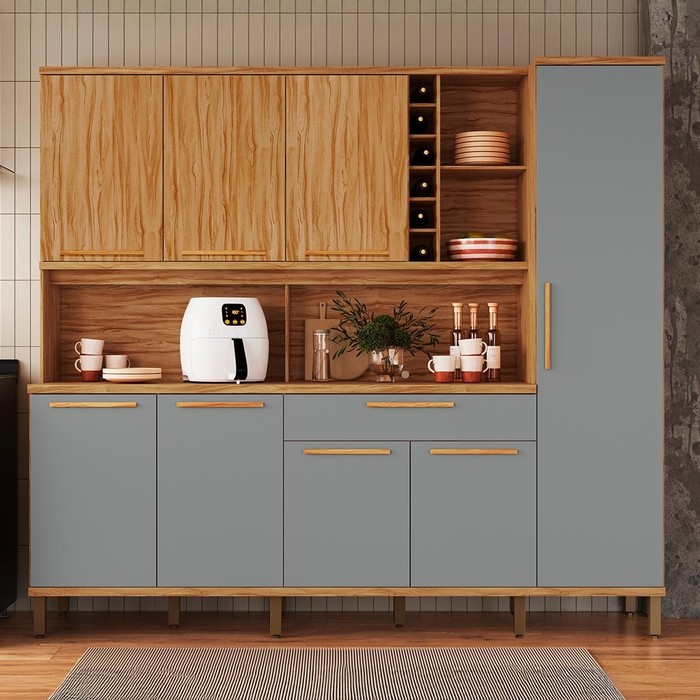 Kit de Cozinha Compacta 220 8 Portas 100% MDF Cecília Rio Doce - Amendoa/Cinza