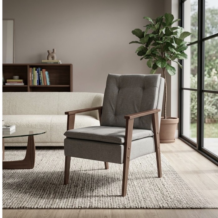 Poltrona Decorativa AZ Linho Marrom Claro Fibra Siliconada Pés Madeira