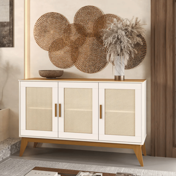 Buffet Aparador Andorra 3 Portas Tela Rattan Off White/Cedro EDN