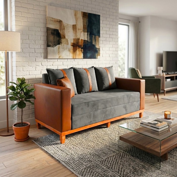 Sofá Montreal 1.60 2 Lugares Braço Couro Sintético - Veludo Cinza