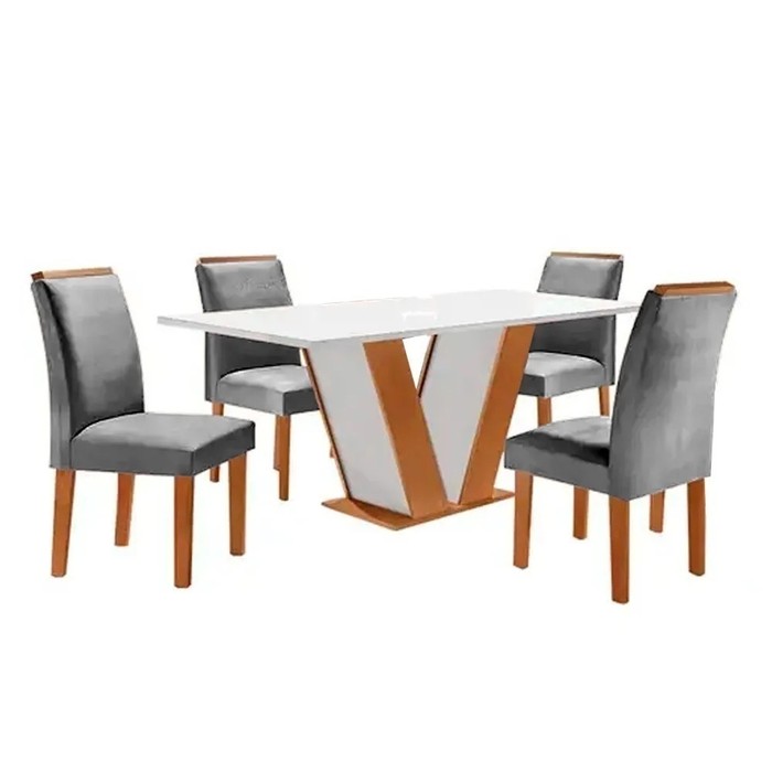Mesa Qatar com 4 Cadeiras Londres 120x80cm Com Vidro Cinamomo/Off White Tecido 171 - Cel Móveis 