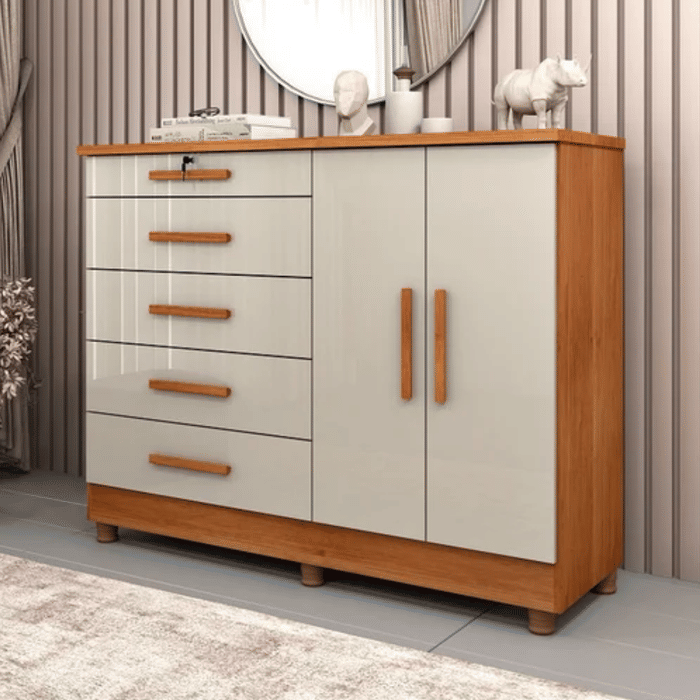 Cômoda Istambul com Sapateira 5 Gavetas e Chave , Cinamomo/Off White - Tcil Móveis