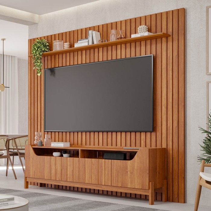 Rack com Painel 2.3 Ripado para TV 75 Polegadas 100% MDF Permóbili Moema Cinamomo