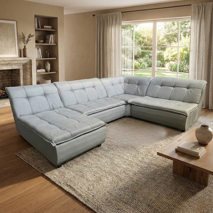 Sofá de Canto Vivace com Chaise 4 Peças Tecido Linho - Cinza Claro