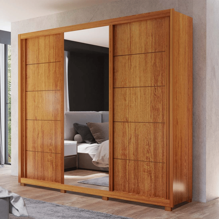 Guarda-Roupa Big 2.7 Anna Euro 100% MDF, com Espelho, 3 portas de correr, Naturall - Bom Pastor