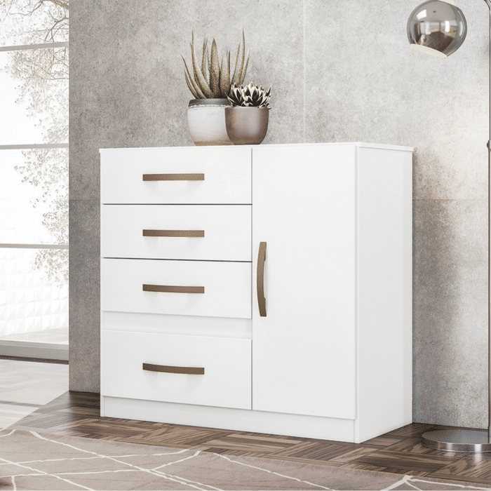 Cômoda para Quarto Com 4 Gavetas 1 Porta Moval Vênus Flex Branco/Rosa/Lilás