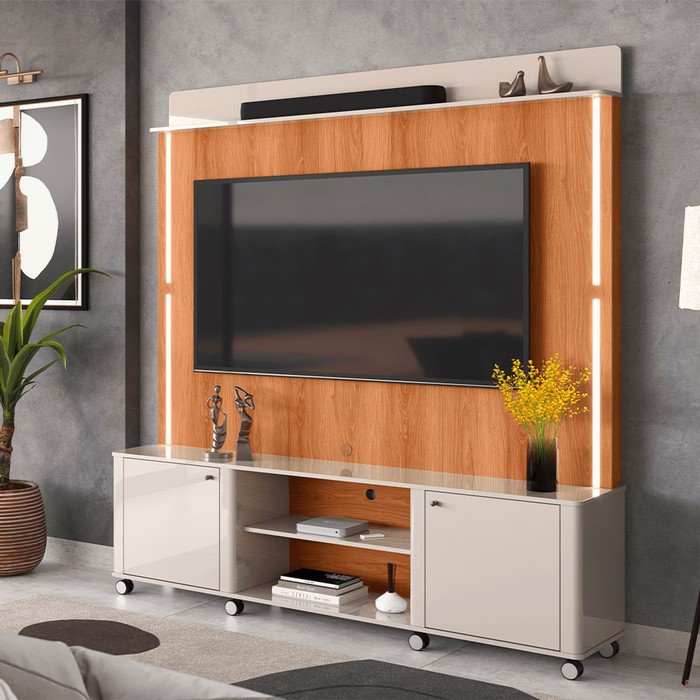 Estante Home Para TV 75 Polegadas com LED e Rodízios Lukaliam Florença Off White/Jequitibá