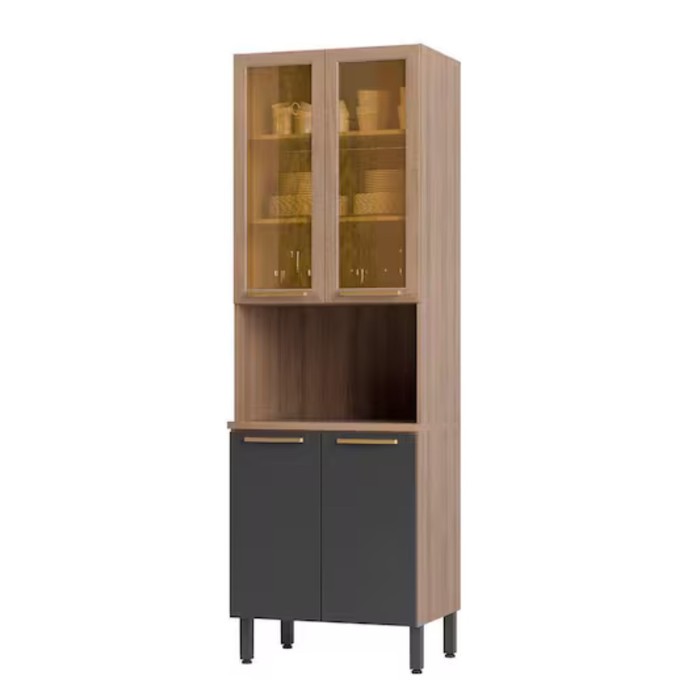 Paneleiro Torre Quente Avelã 70 cm 4 Portas, 02 com Vidro Reflecta, Telasul - Mel/Grafite