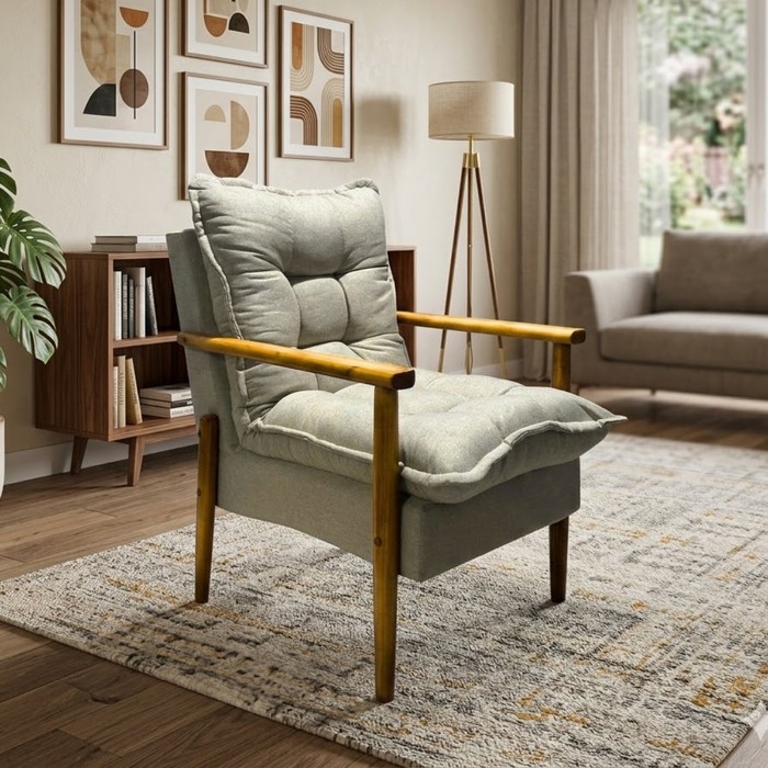 Poltrona Decorativa JF em 100% Fibra Siliconada Pés em Madeira - Tecido 167 Linho Bege