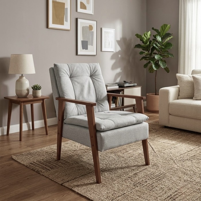 Poltrona Decorativa AZ Linho Cinza 184 Fibra Siliconada Pés Madeira