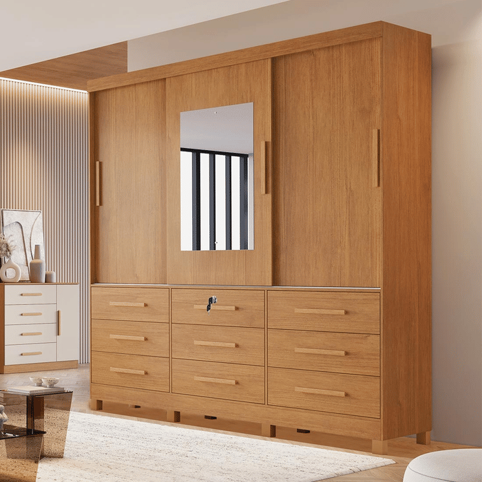 Guarda-Roupa Casal Athenas com Espelho 3 Portas 9 Gavetas Nature - Bianchi