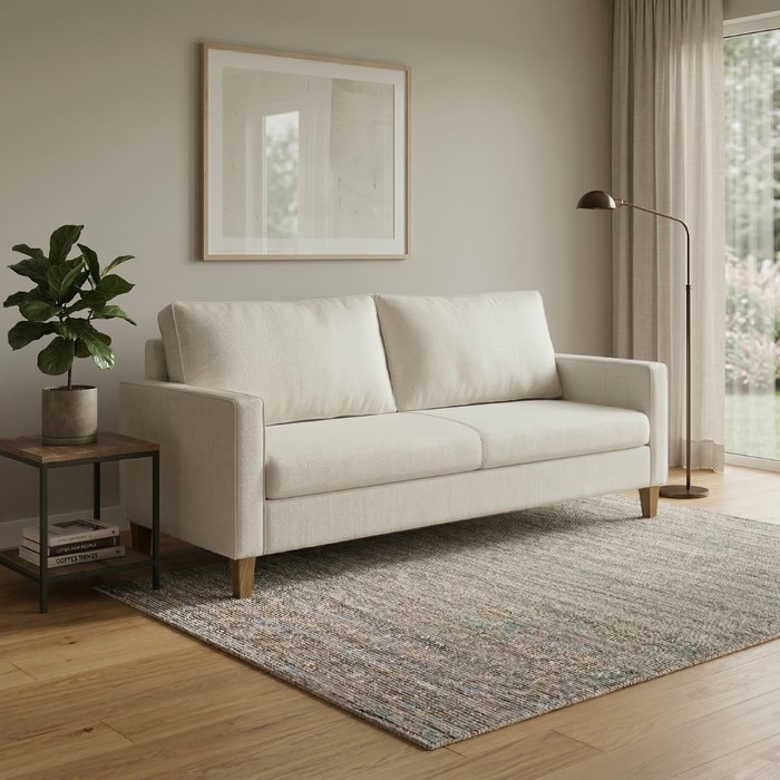 Sofá Chanel 3 Lugares com pés em Madeira de Eucalipto, Bege - Malu Estofados