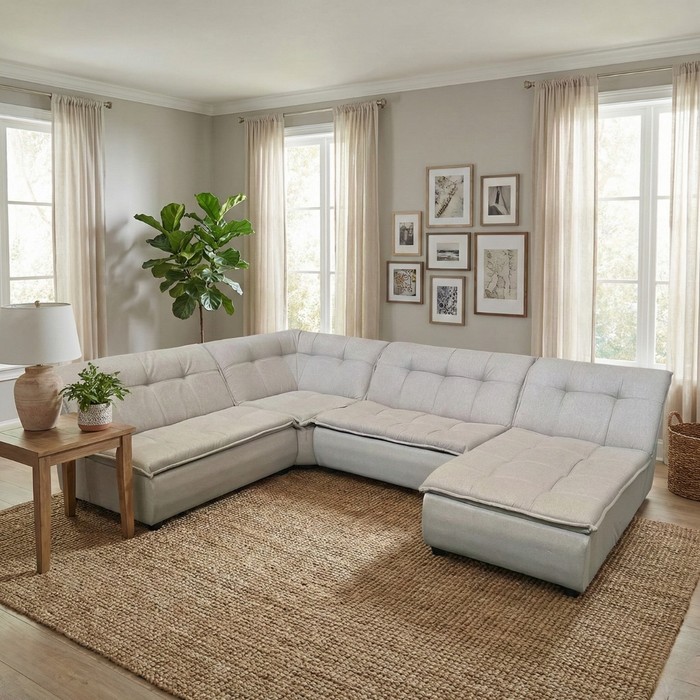 Sofá de Canto Vivace com Chaise 4 Peças Tecido Linho - Bege