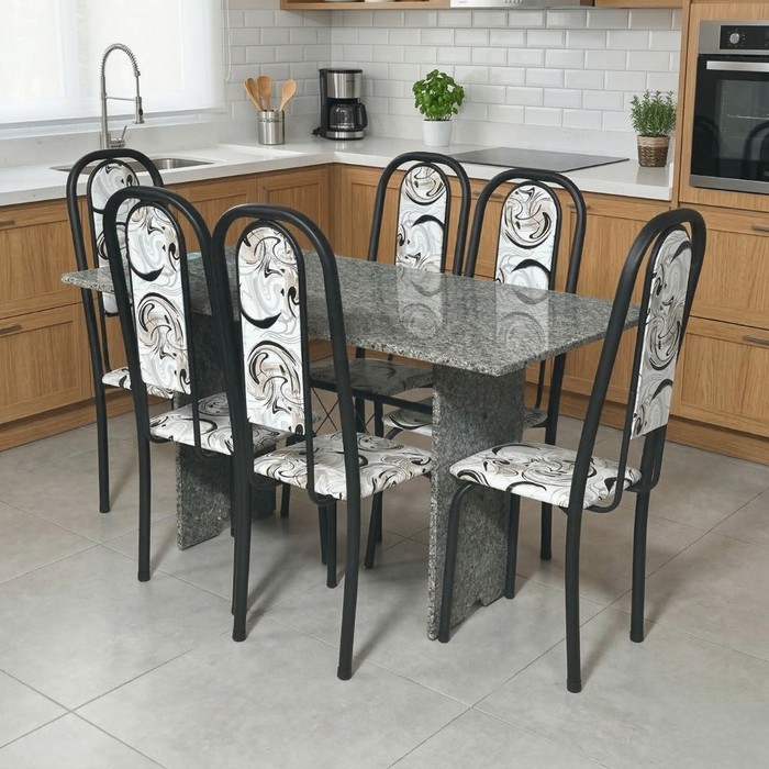 Conjunto Mesa 6 Cadeiras Tubular Lavínea 140x75cm - Preto - Tampo e Pés em Granito