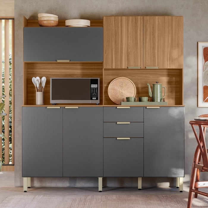 Kit Cozinha Compacta Pitaya 07 Portas e 2 Gavetas Demóbile - Amendoa/Grafito Texturado