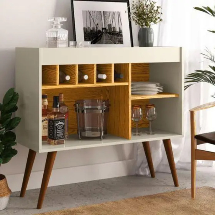 Aparador para Sala com Adega  EJ Móveis New Odin Off White/Freijó