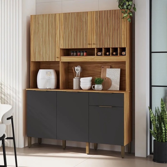 Armário de Cozinha Kit 6 Portas 1 Gaveta em MDF Ronipa Moscato Amendoa/Chumbo